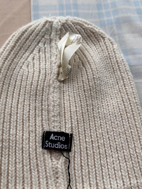 Acne Studios Pansy Collection Smiley Face Knit Beanie (White)